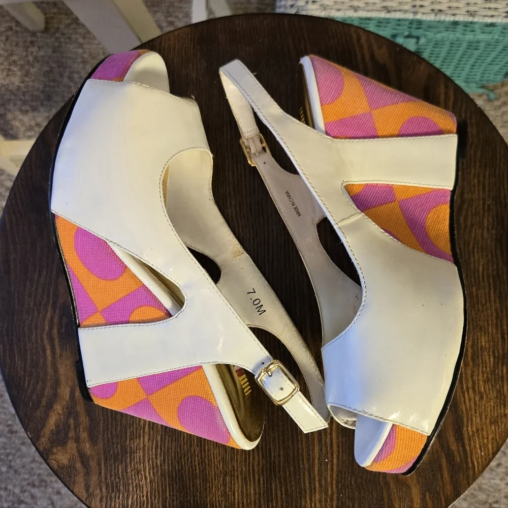 White Patent Leather Wedge with Pink Orange 70's Vibes